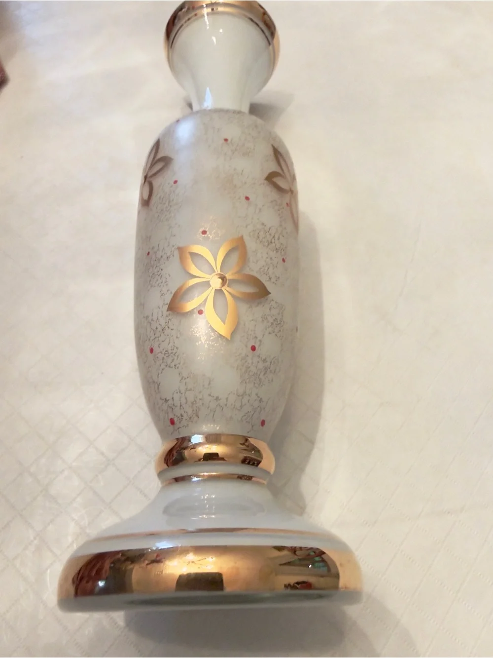 White opaline/milk glass gilded (gold) flower speckled gold stippling red dots